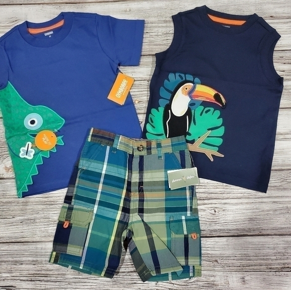 Lizard T-Shirt, Toucan Tank Top, and Plaid Shorts Outfit Gymboree NWT
